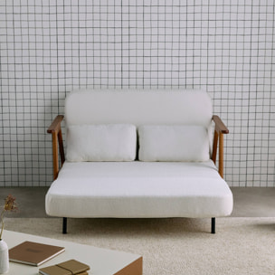 Banquette canapé convertible 2 places bois d'hévéa teinté noyer clair et bouclette texturée blanche L 133 x P 81 x 84cm - Sven