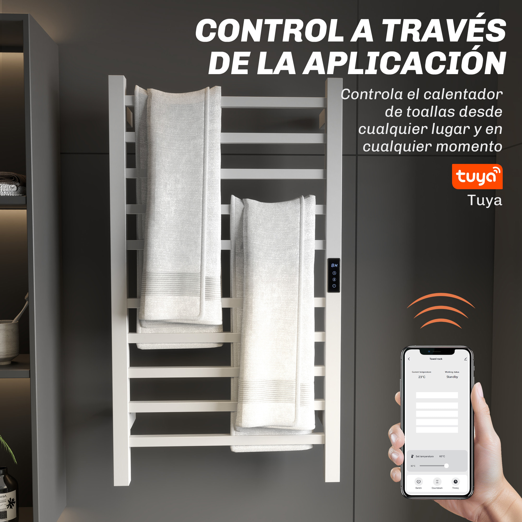 Toallero Eléctrico de Pared 110W Radiador Toallero Eléctrico con Control WIFI Pantalla Táctil Temporizador 10 Barras Temperatura Ajustable Bajo Consumo IPX4 Blanco
