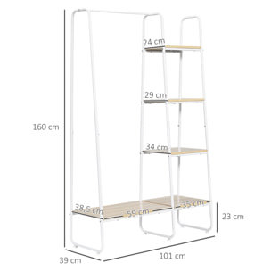 Vestiaire d'entrée - penderie, 5 étagères - dim. 101L x 39l x 160H cm - acier blanc panneaux aspect bois clair