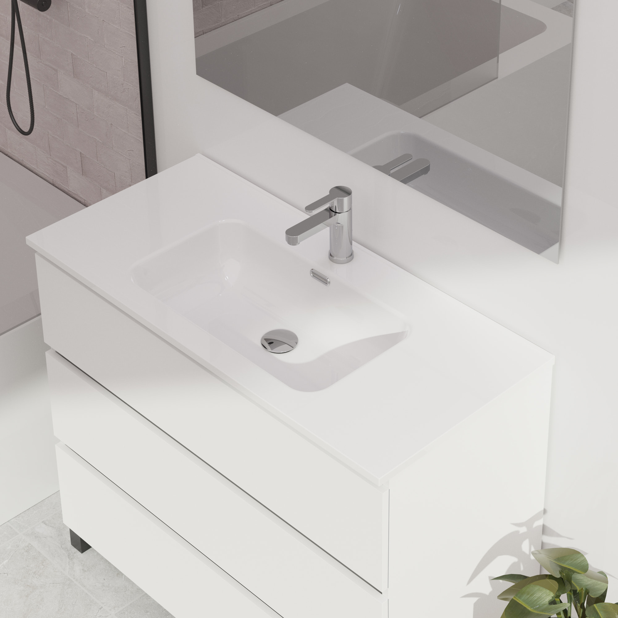 Conjunto de baño Wink | 100 cm Blanco Mate | Tres cajones | Lavabo encastrado | No incluye espejo | Mueble montado | Alday