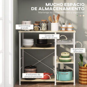 Estantería de Cocina Moderna Estante de Cocina con 1 Cesta 4 Ganchos en S 6 Almohadillas de Pie Ajustables y Estantes 90x40x84,5 cm Roble y Blanco