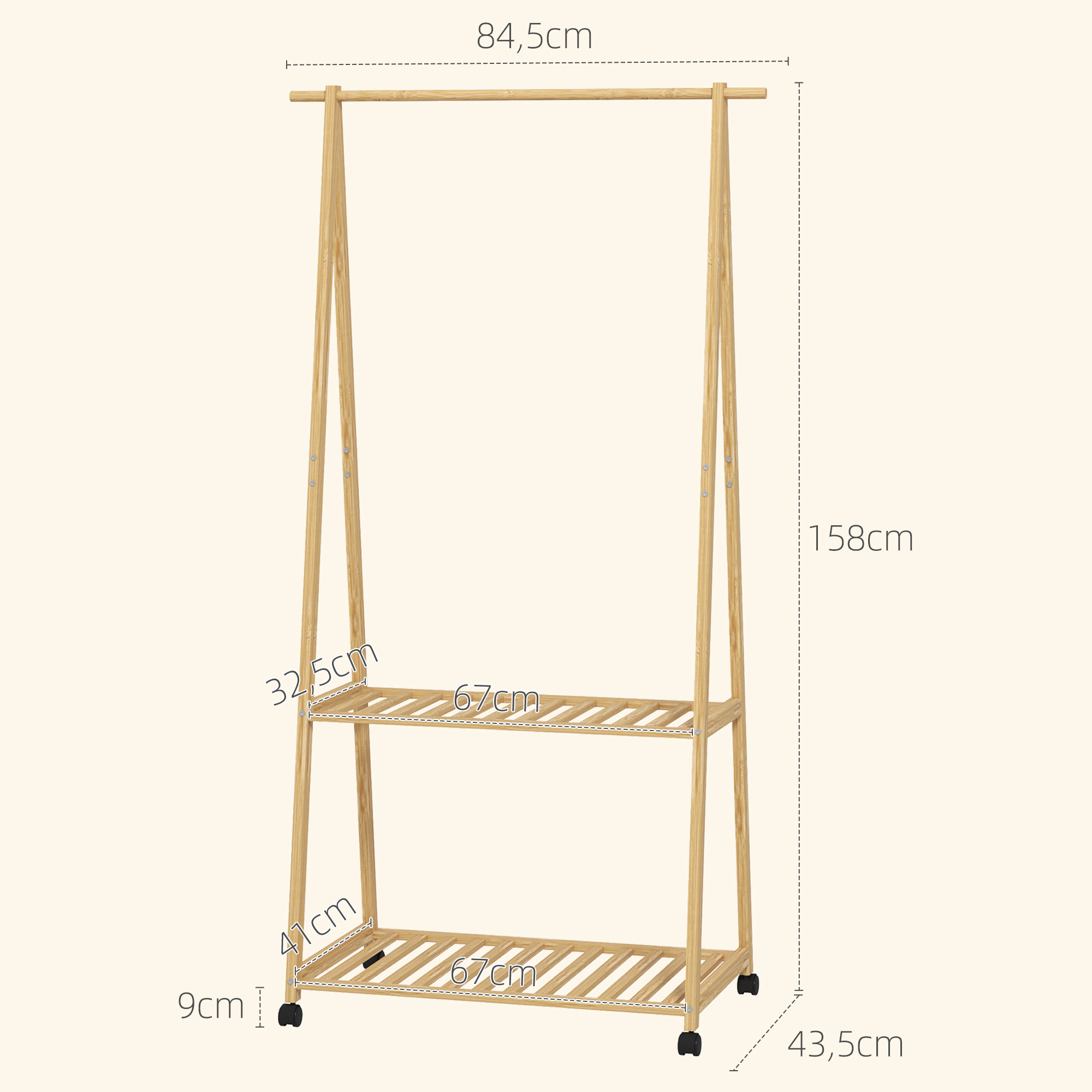 Burro para Ropa de Bambú Perchero Burro para Ropa con Ruedas 2 Estantes Abiertos y 2 Ganchos Perchero para Entrada Pasillo Dormitorio 84,5x43,5x158 cm Natural
