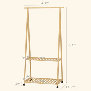 Burro para Ropa de Bambú Perchero Burro para Ropa con Ruedas 2 Estantes Abiertos y 2 Ganchos Perchero para Entrada Pasillo Dormitorio 84,5x43,5x158 cm Natural