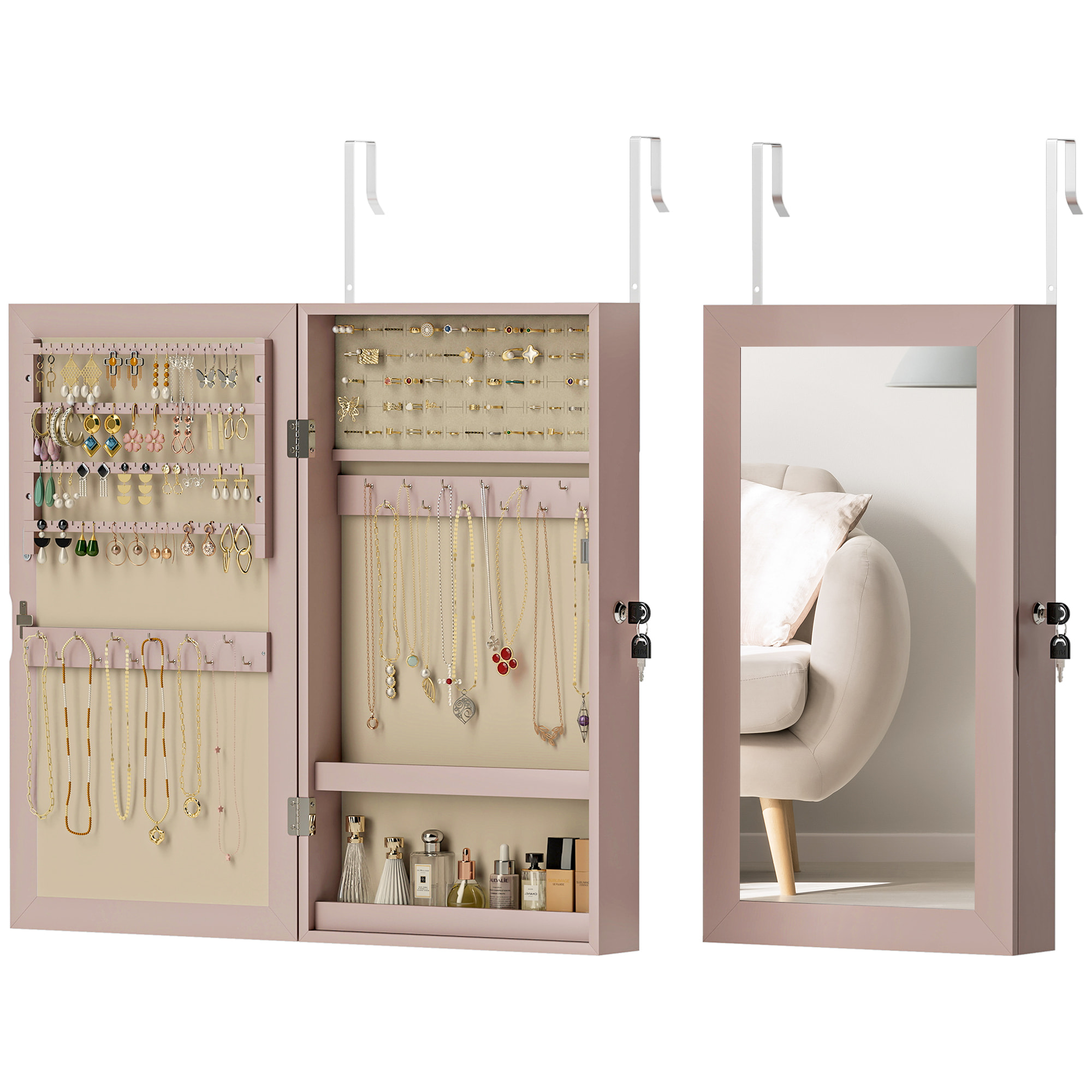 Espejo Joyero de Pared Armario para Joyas con Cerradura y Varios Compartimentos Montar en Pared o Puerta para Pendiente Collar Anillo Pulsera Rosa y Forro Beige