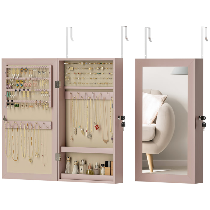 Espejo Joyero de Pared Armario para Joyas con Cerradura y Varios Compartimentos Montar en Pared o Puerta para Pendiente Collar Anillo Pulsera Rosa y Forro Beige