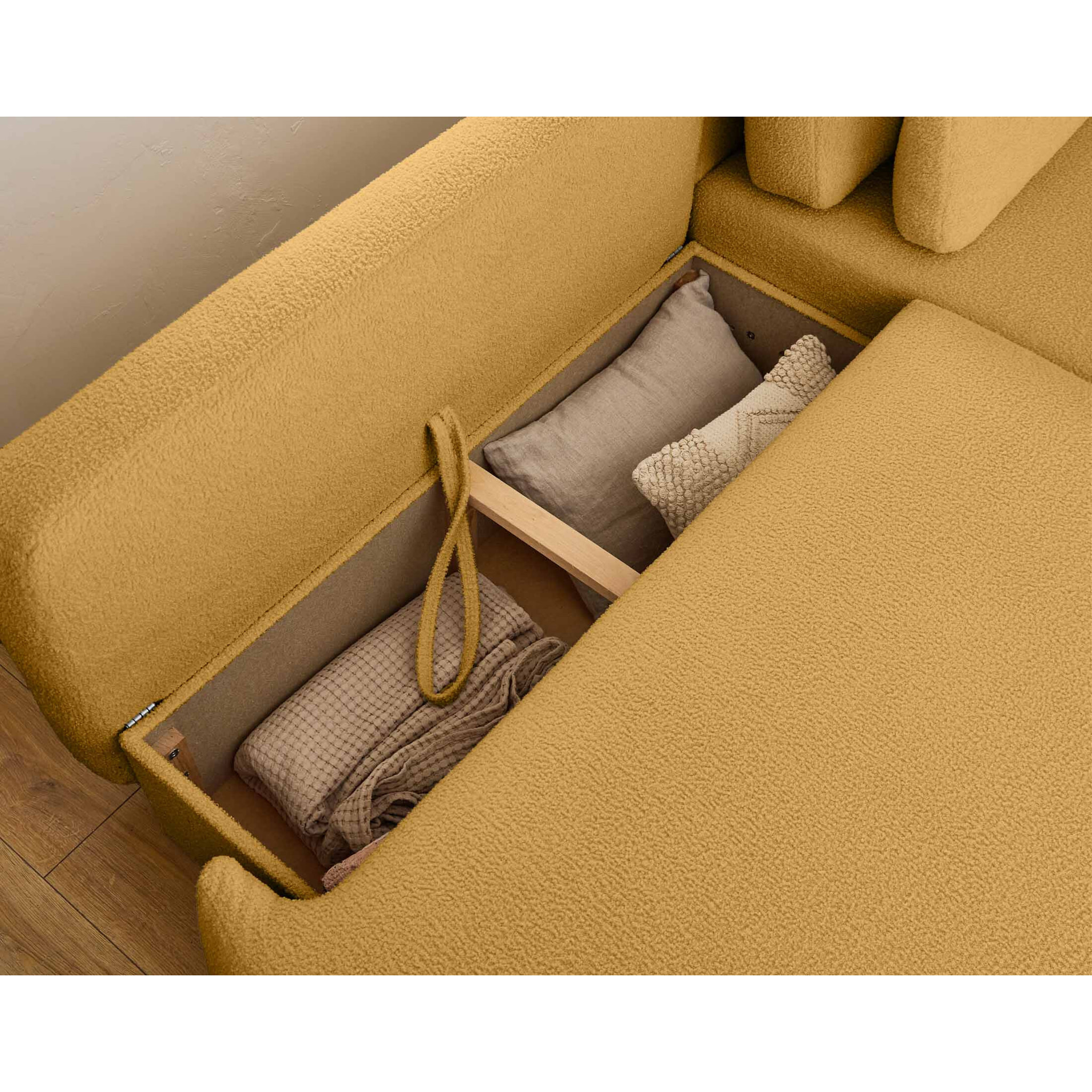 Mahina - canapé d'angle droit - 4 places - convertible avec coffre - en tissu bouclette - Jaune