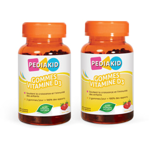 PEDIAKID - Gommes Vitamine D3 - Renforcement des défenses naturelles - Croissance & résistance - Dès 3 ans - Goût Fraise - Couvre 100% des apports journaliers recommandés - Lot de 2 Piluliers