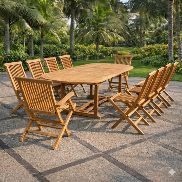 ADAGNA Salon de jardin Teck 12 places Table ovale 8 chaises 2 fauteuils