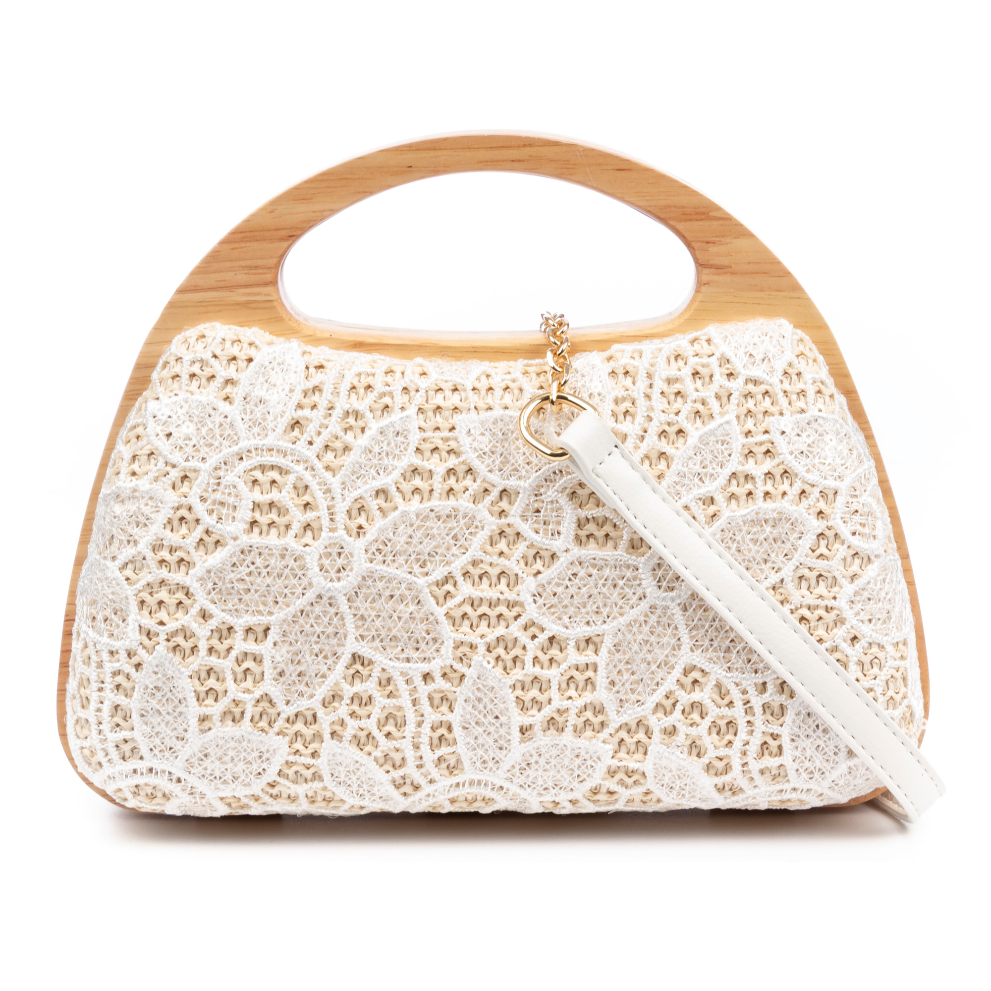 Ausa borsa a mano realizzata in legno naturale, con carta intrecciata e jute design rete di tessuto floreale