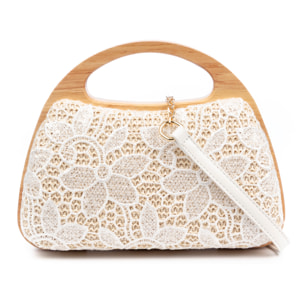Ausa borsa a mano realizzata in legno naturale, con carta intrecciata e jute design rete di tessuto floreale