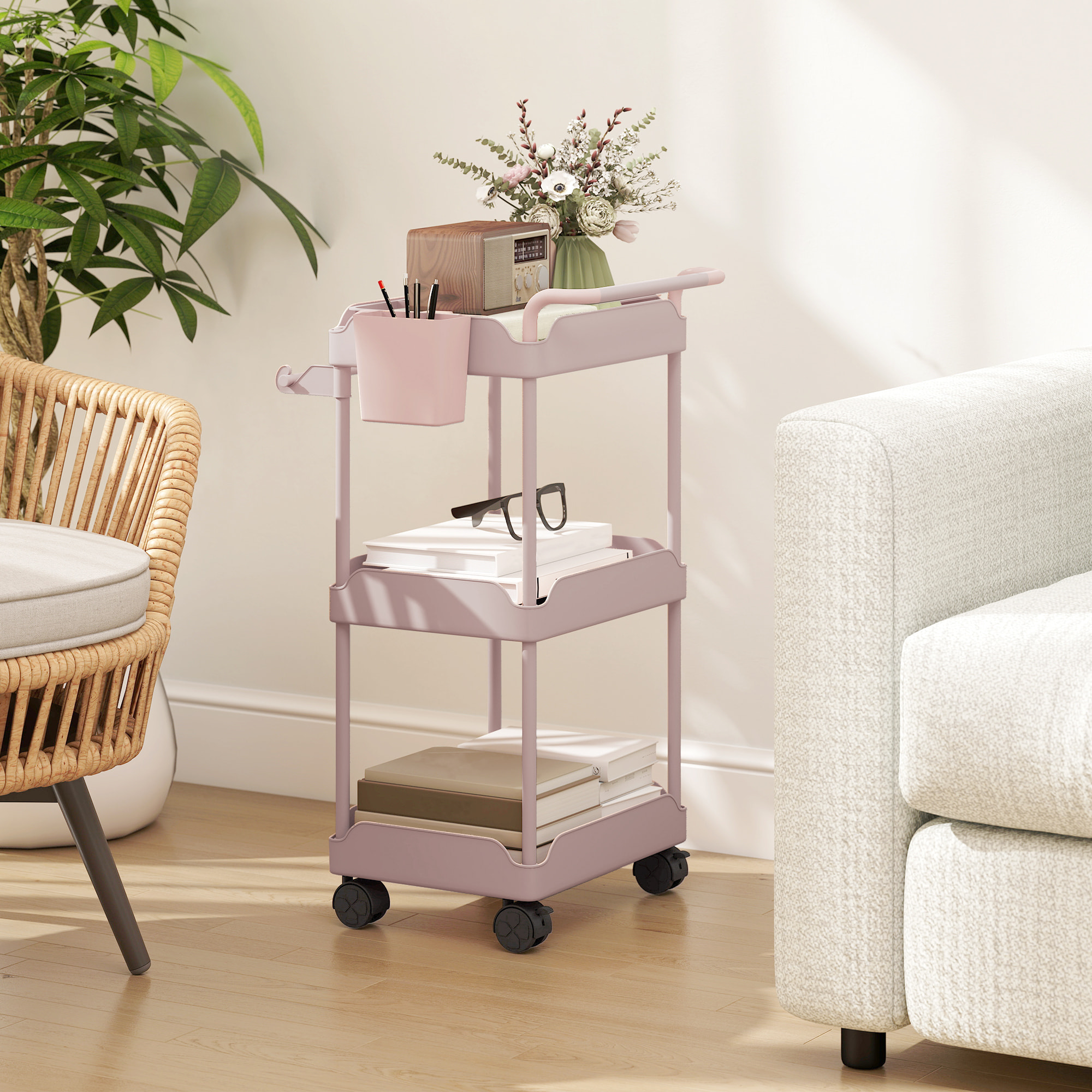 Carrito Auxiliar con Ruedas de 3 Niveles, Carrito de Cocina con Cestas Extraíbles, Ruedas con Freno, Soporte para Toallas y Marco de Metal, Carro de Servicio para Comedor, Salón, Baño, Rosa