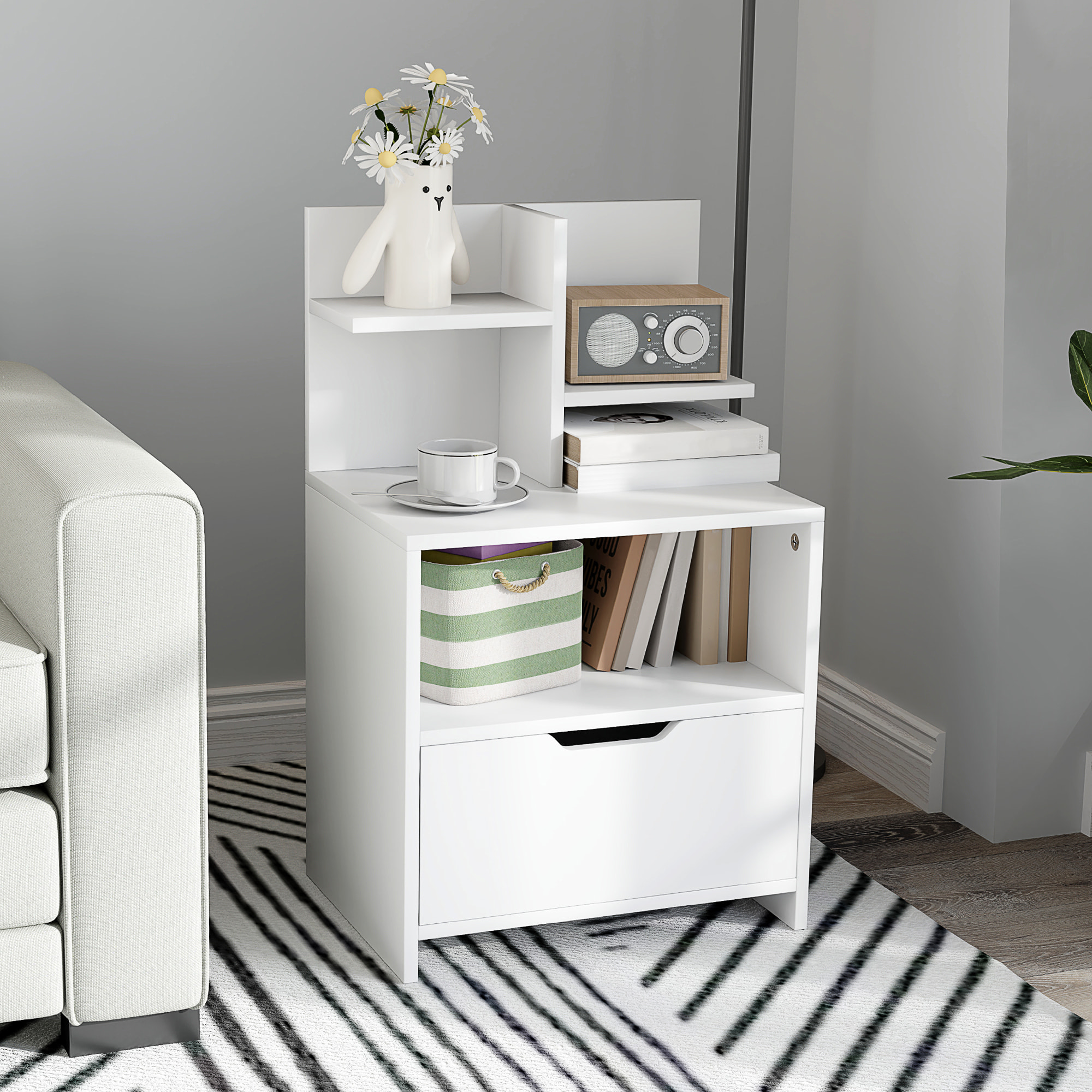 Chevet table de nuit multi-rangement tiroir niche plateau 2 étagères aspect bois blanc