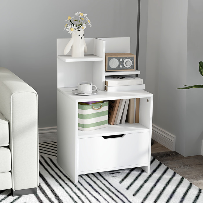 Chevet table de nuit multi-rangement tiroir niche plateau 2 étagères aspect bois blanc