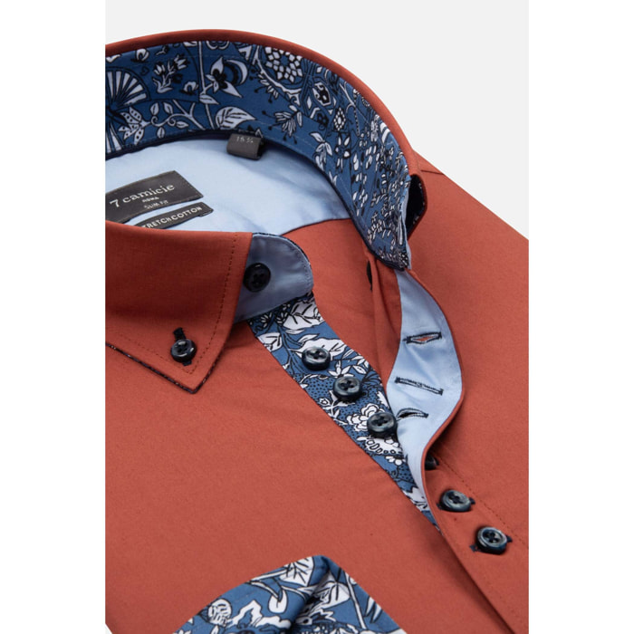 Camicia Uomo 1 Bottoni Button Down Slim Popeline Stretch Unito Rosso Mattone