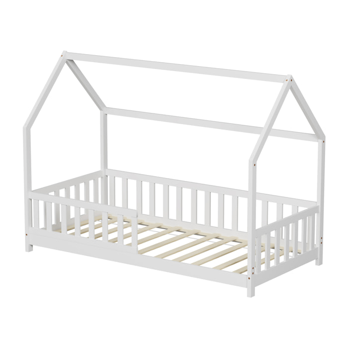 Lit Cabane Tchoupi 90 x 190 cm, Blanc, Bois de Pin Naturel, avec barrières latérales de sécurité