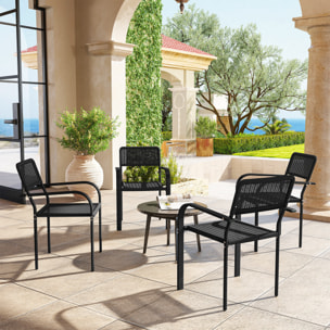 Juego de 4 Sillas de Jardín Exterior Apilables, Sillas de Comedor Exterior Efecto Ratán, con Reposabrazos, Marco de Acero, Resistente a la Intemperie y Ligero, 55x60x83 cm, Negro