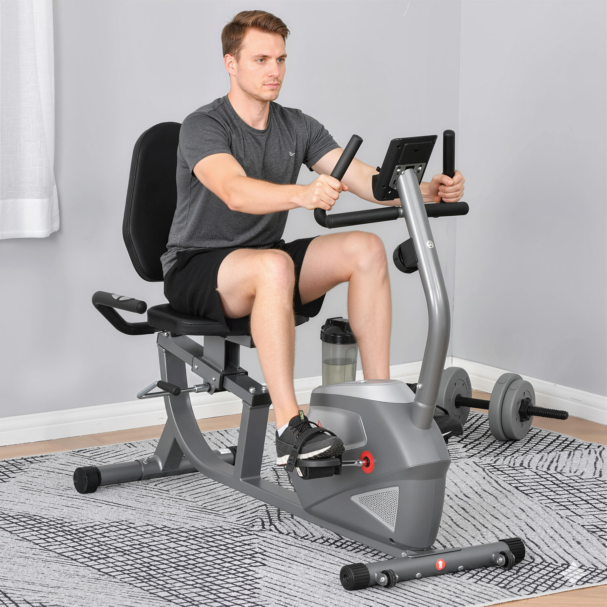 Bicicleta Estática con Respaldo, 8 Niveles Resistencia Magnética, Bicicleta Estática para Casa, con Volante, Asiento Ajustable, Monitor LCD, Pulsómetro, Soporte de Teléfono y Ruedas, Gris