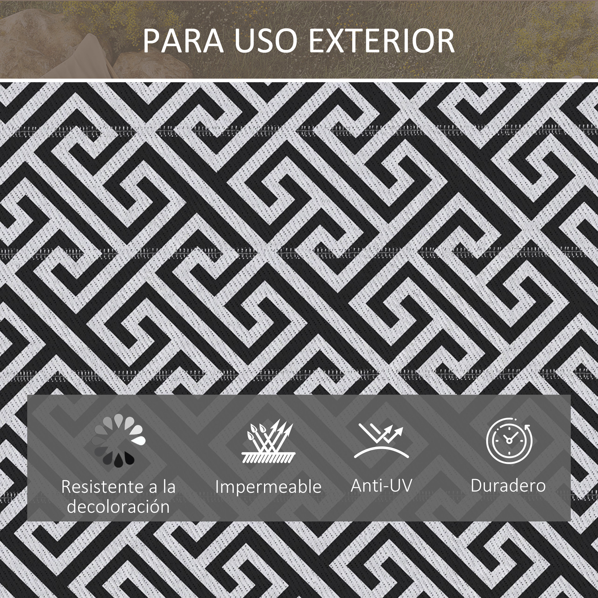 Alfombra de Exterior 182x274 cm Alfombra Reversible con Patrón Geométrico Impermeable para Terraza Balcón Patio Camping Playa Blanco y Negro
