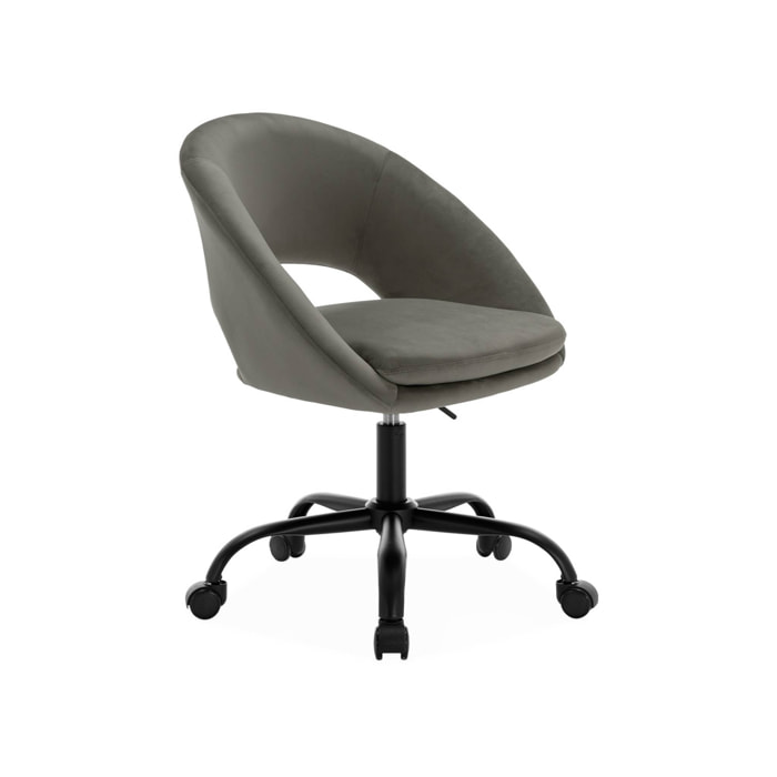 Chaise de bureau ronde à roulettes en velours gris. Pam. L 59 x P 60 x H 79 / 89cm