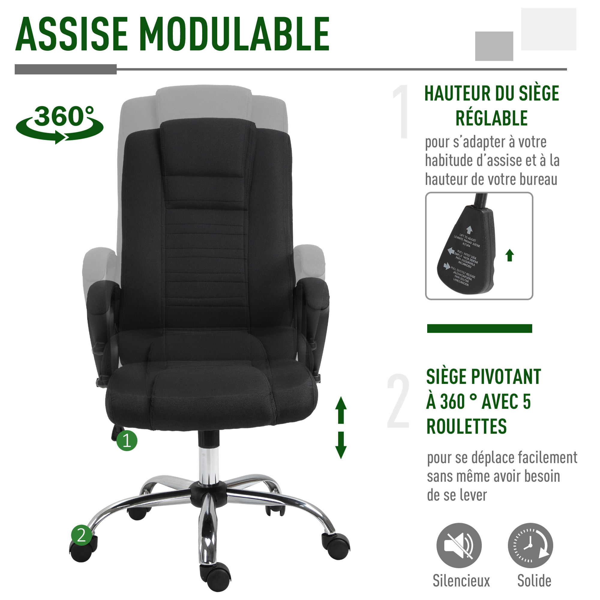 HOMCOM Fauteuil de bureau à roulettes chaise manager ergonomique pivotante hauteur réglable lin noir