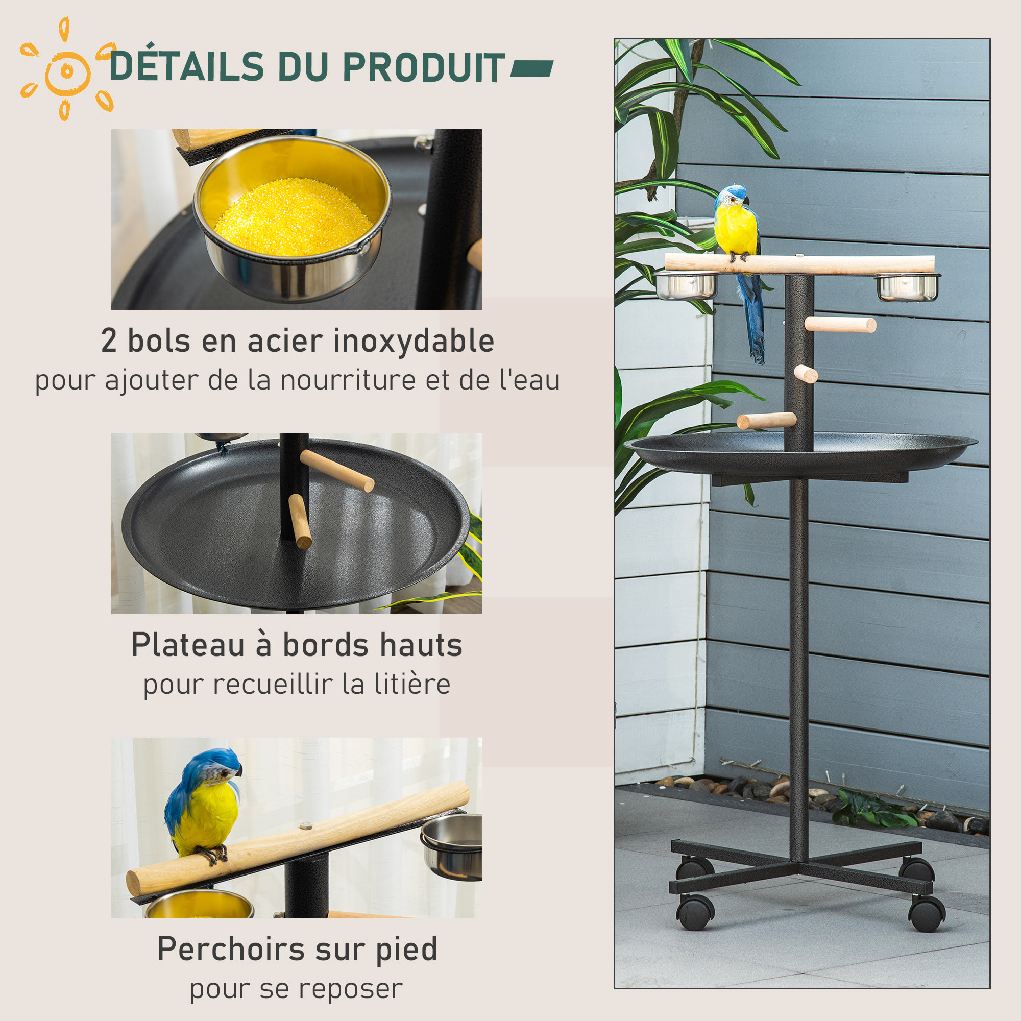 Perchoir sur pied pour perroquets, oiseaux - 4 roulettes - 2 mangeoires, 4 perchoirs, plateau acier - anthracite