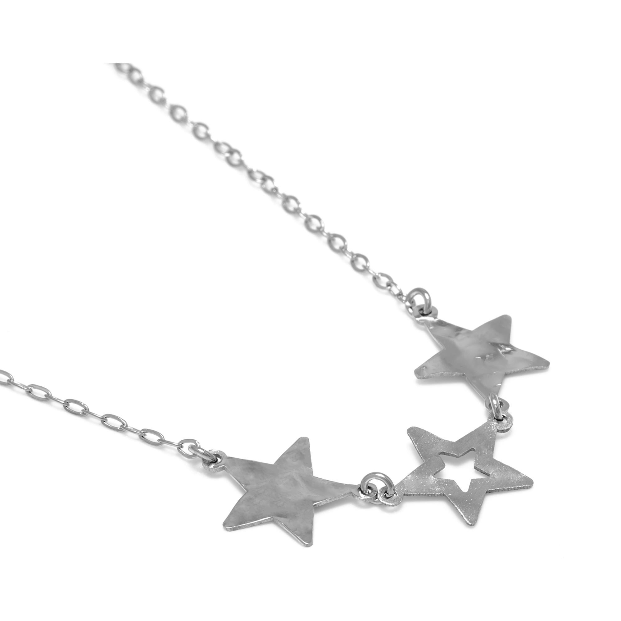 FIRENZE SILVER. AquaStel Collar Plata de Ley 925. Estrella contorneada y dos estrellas laminadas.Motivo forma de corazón junto al cierre. Plata Rodiada.