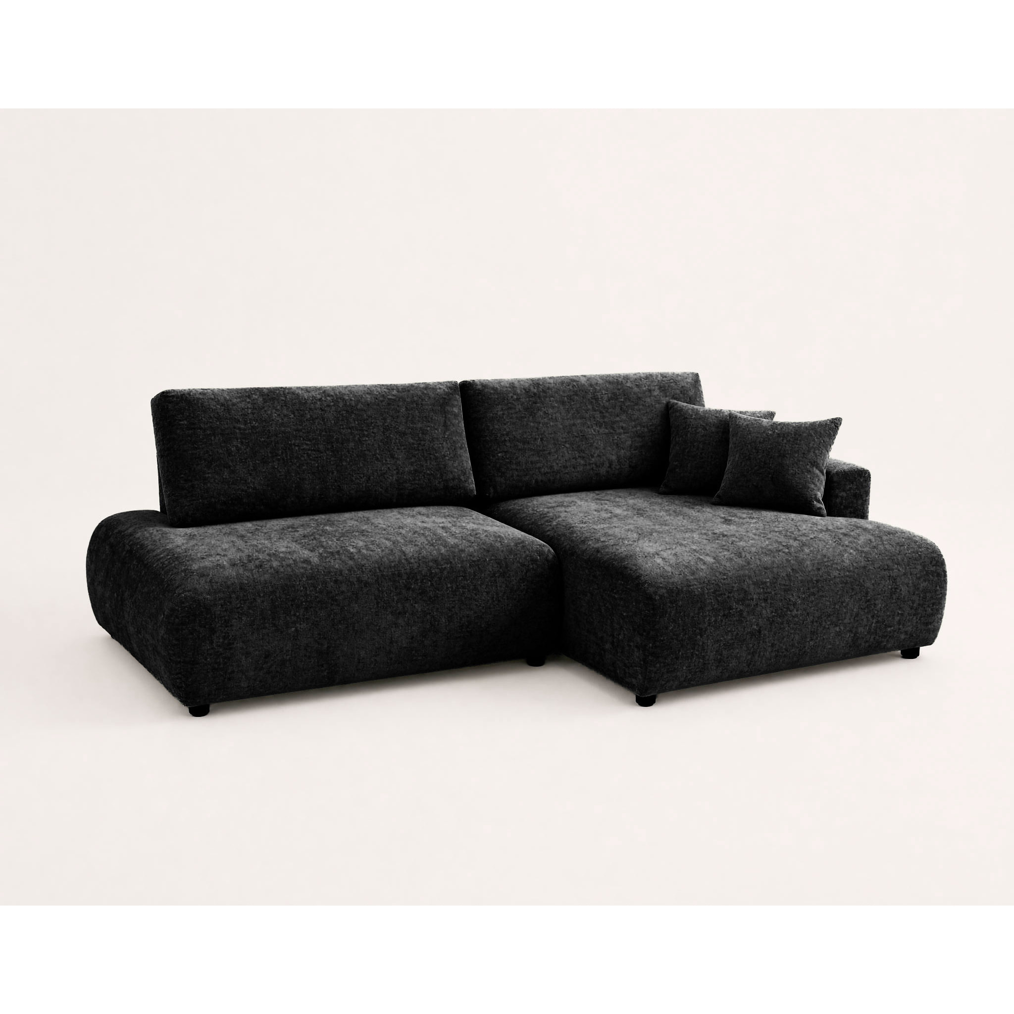 Pivoine - Canapé d'angle ouvert droit 4 places convertible avec coffre en tissu texturé - Noir