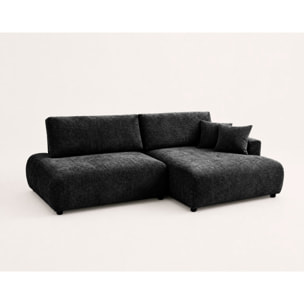 Pivoine - Canapé d'angle ouvert droit 4 places convertible avec coffre en tissu texturé - Noir