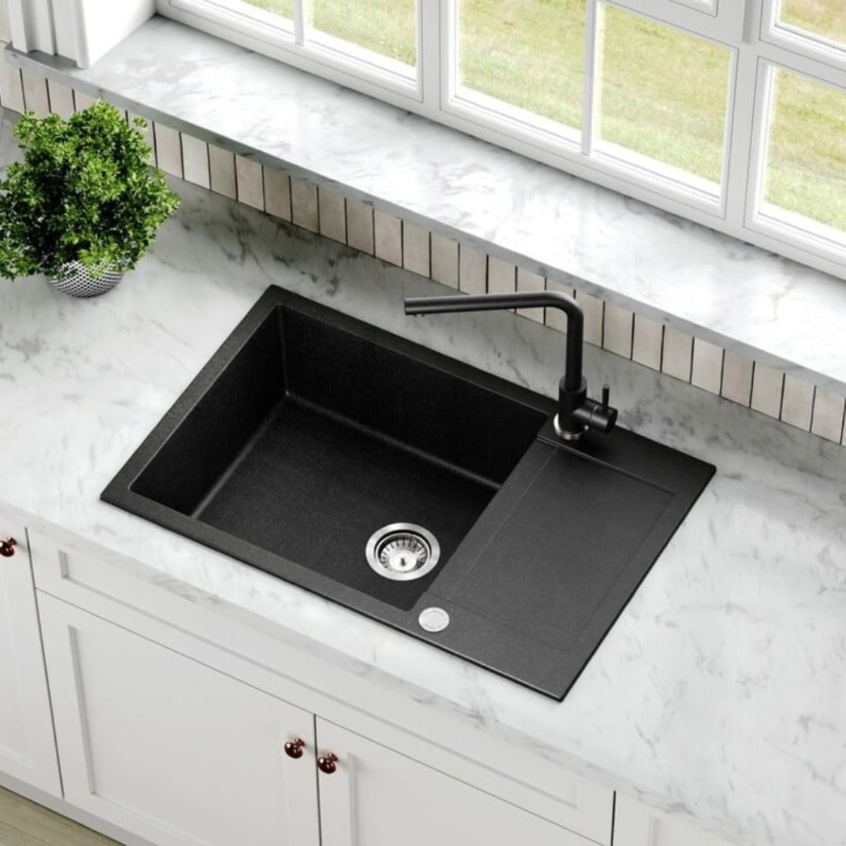 78x50 cm évier avec égouttoir réversible en Granite, à encastrer, noir (SATSINKGQT105B)