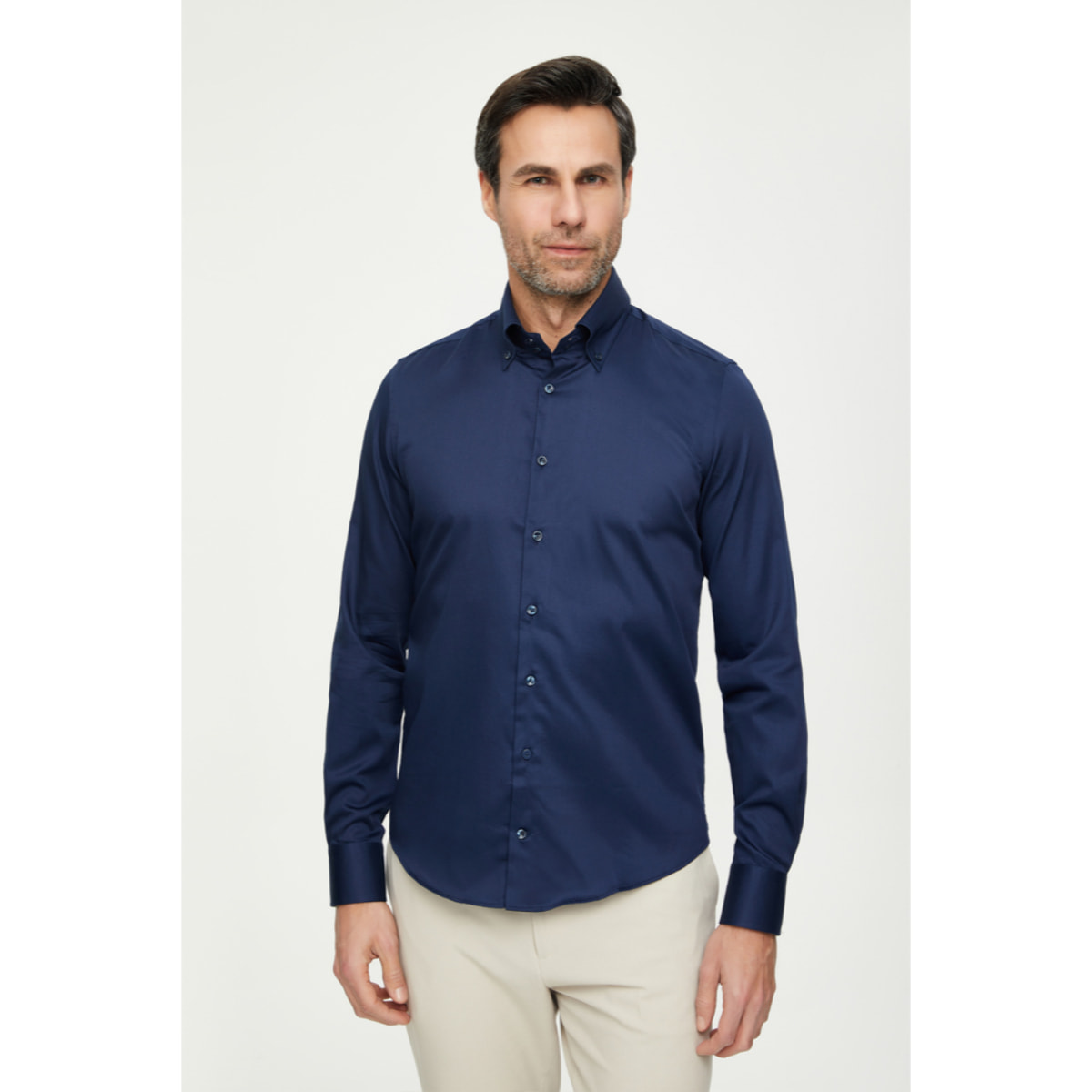 Camicia Uomo 2 Bottoni Button Down Slim Satin Unito Blu