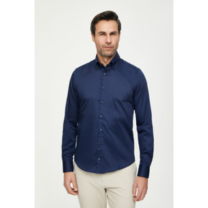 Camicia Uomo 2 Bottoni Button Down Slim Satin Unito Blu