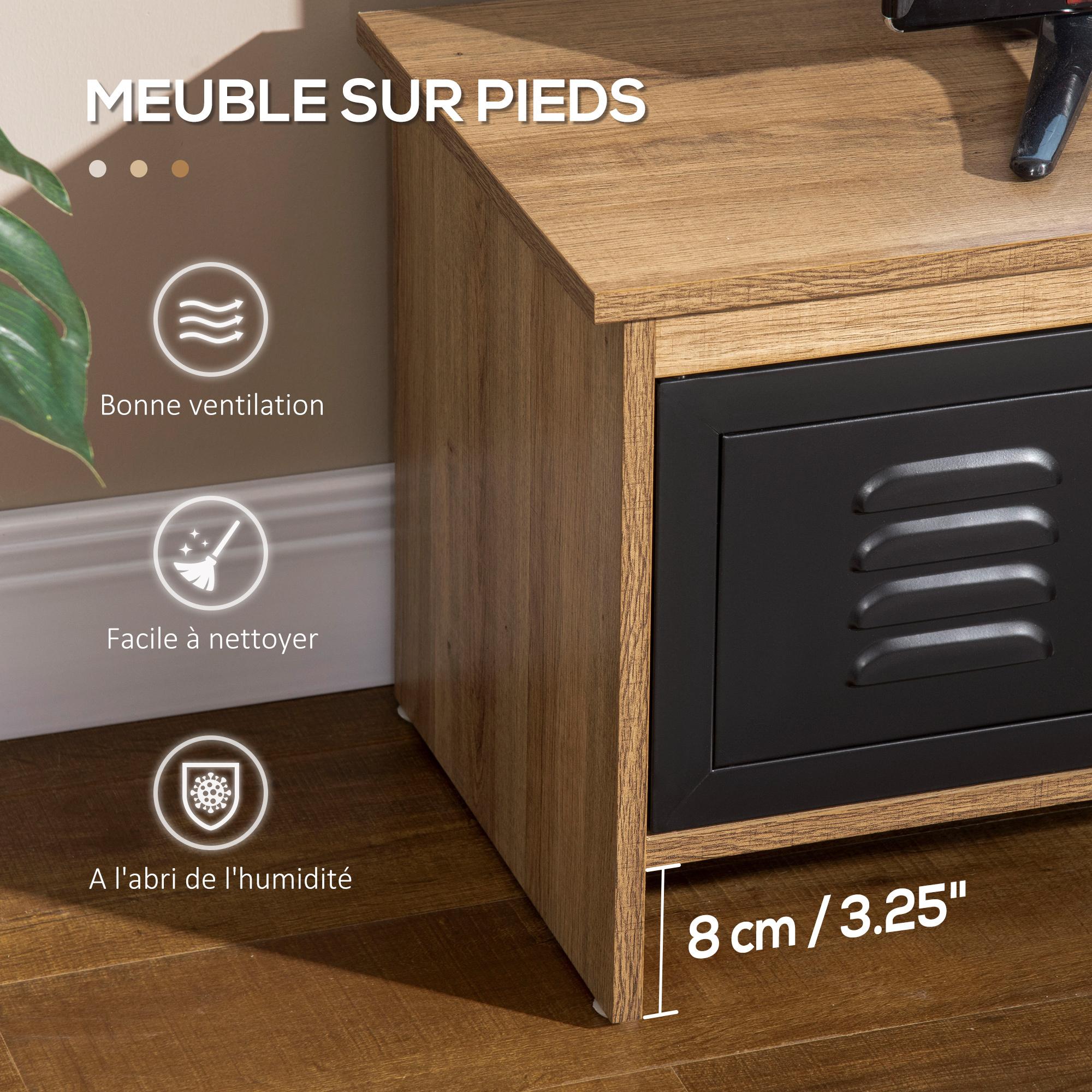 Meuble TV banc TV design industriel - 2 placards, 2 niches, 2 passe-fils - panneaux particules aspect bois veinage portes métal noir