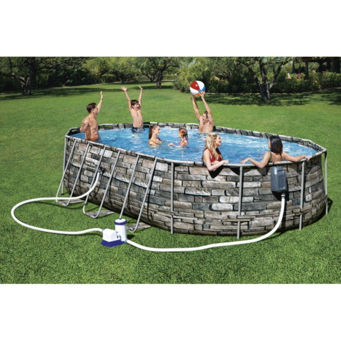 Bestway Piscine hors sol tubulaire ovale Bestway Power Steel Comfort Jet 610 x 366 x 122 cm décor pierres