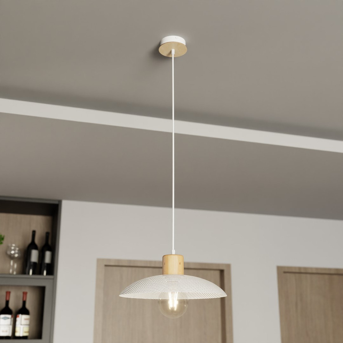 Lampada a sospensione KOBE in acciaio bianco e legno naturale