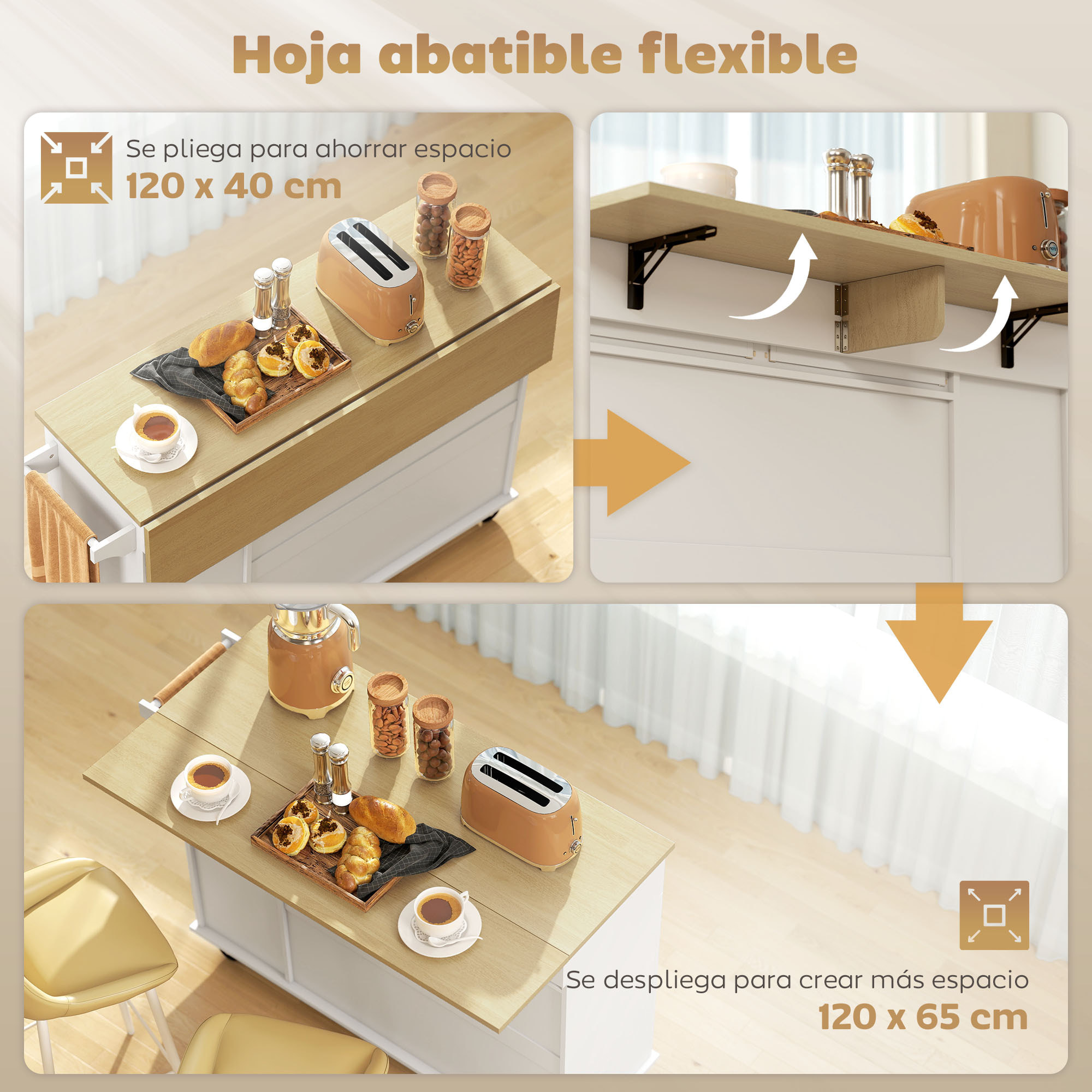 Isla de Cocina con Ruedas, Encimera Plegable, Carro de Cocina con 2 Puertas con Cierre Suave, Bandeja Extraíble de 3 Niveles, 2 Cajones, Barra para Colgar, Blanco