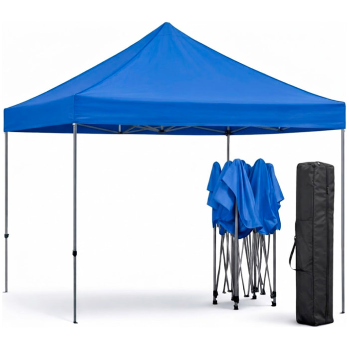 Gazebo Professionale 3x3 M Richiudibile Automatico In Acciaio Con Telo Oxford 1200D PVC Impermeabile e Anti UV A Fisarmonica con Sacche Blu