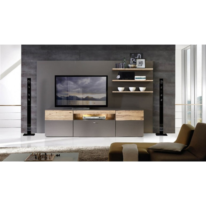 Meuble TV gris & effet bois L 210cm - TONY