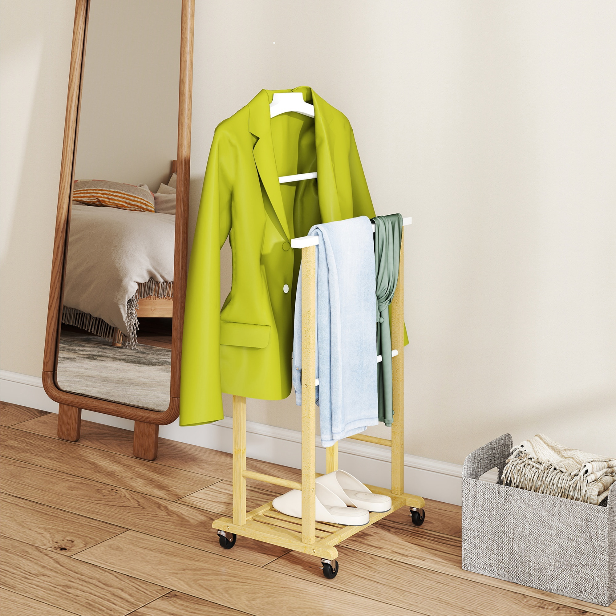 Galán de Noche de Bambú con Ruedas, Perchero Burro de Ropa con Barras para Pantalones y Balda Inferior para Zapatos, Estilo Nórdico, para Dormitotio, 47x33,7x105,5 cm, Natural y Blanco