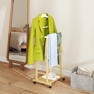 Galán de Noche de Bambú con Ruedas, Perchero Burro de Ropa con Barras para Pantalones y Balda Inferior para Zapatos, Estilo Nórdico, para Dormitotio, 47x33,7x105,5 cm, Natural y Blanco