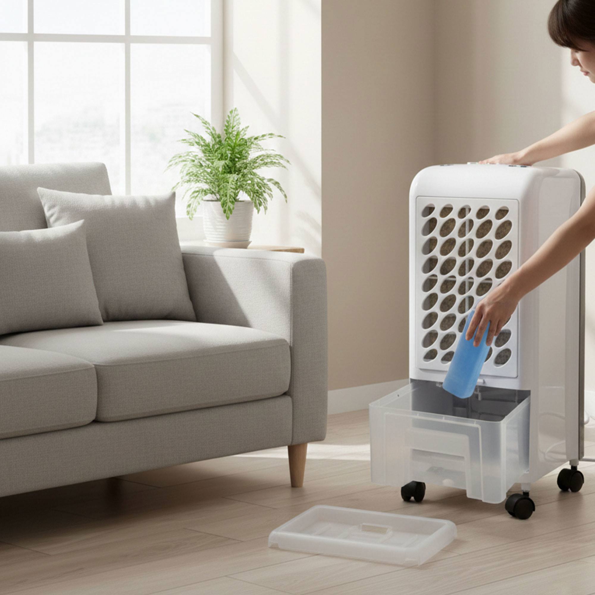 Well Home Aparato aire acondicionado 80W, 26x24x57cm, blanco/gris, depósito 3,5L, 3 velocidades, oscilación 360°