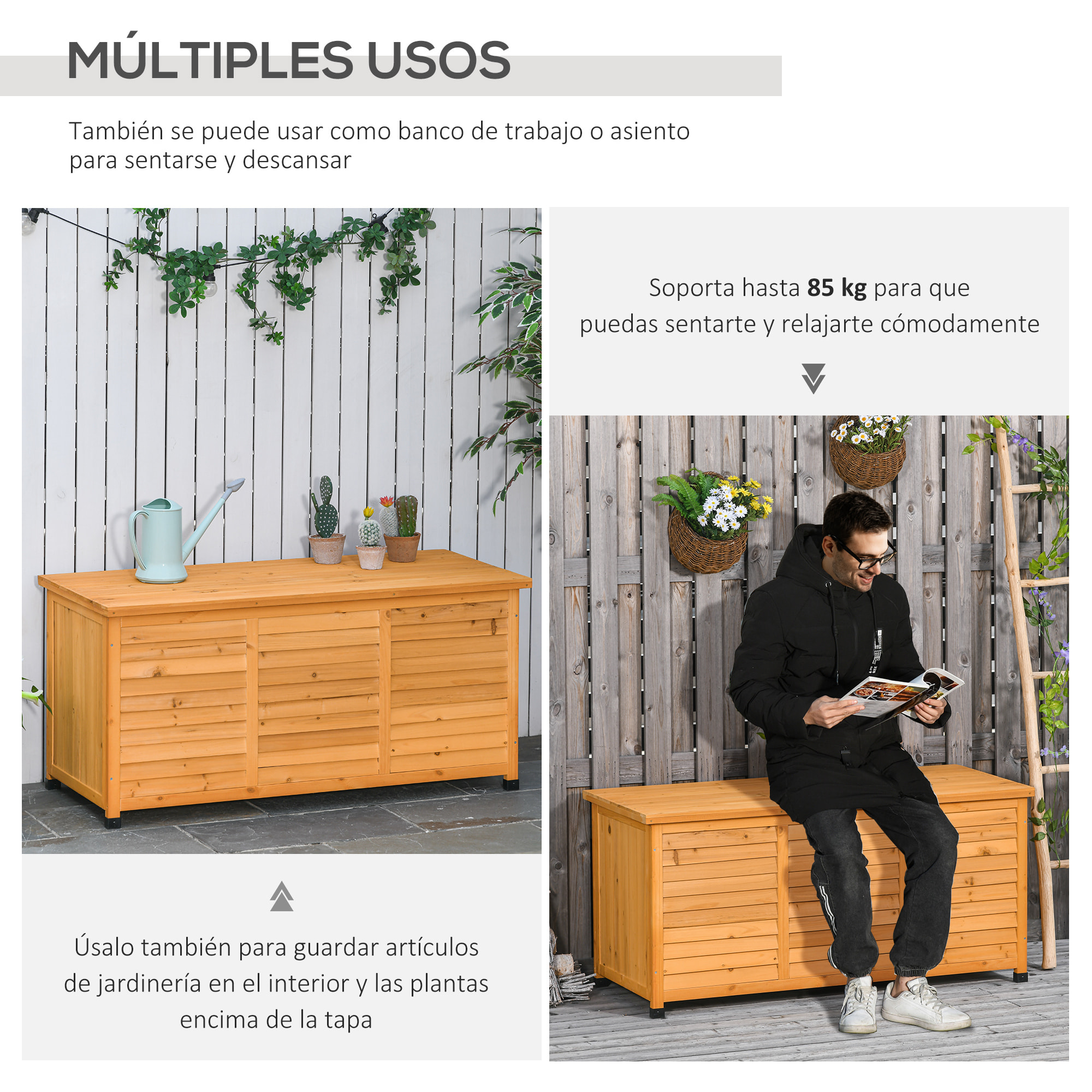 Baúl de Almacenaje Exterior 284L Arcón de Jardín de Madera Impermeable con Tapa Abrible y Diseño Persiana 127x56x60 cm Natural