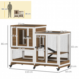 Conejera de Madera de 2 Niveles Jaula para Conejos con 6 Ruedas 2 Escaleras 3 Bandejas Extraíbles Puertas con Cerraduras y Zona Abierta Conejera para Interior 110x50x86 cm Marrón y Blanco