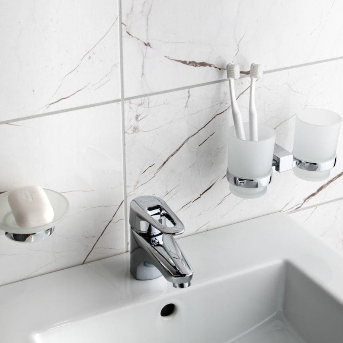 Multi set double pot à brosse à dent + distributeur de savon en verre dépoli, chrome (ELEMULTI-SET4)