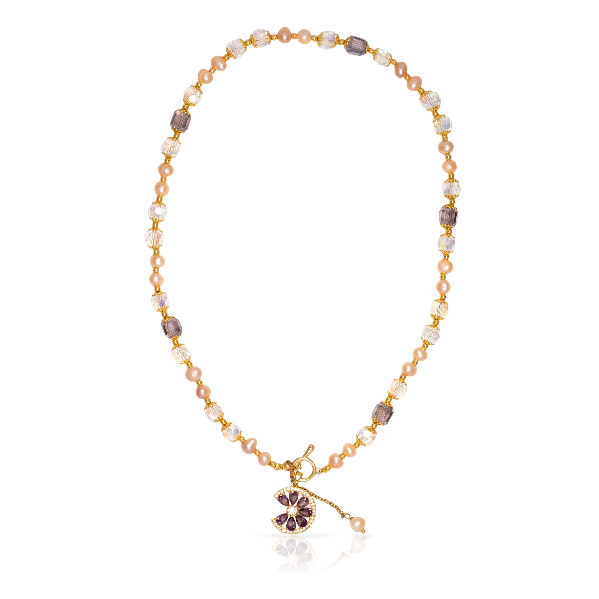 Collar con colgante de margarita, circonitas multicolor, cristal brillante de doble cara y perlas naturales.