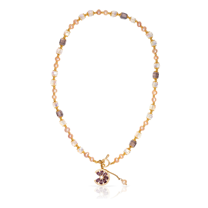 Collar con colgante de margarita, circonitas multicolor, cristal brillante de doble cara y perlas naturales.