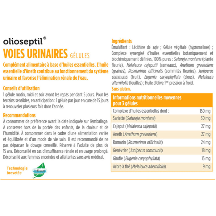 OLIOSEPTIL - Gélules Voies Urinaires - Assainit le système Urinaire & Favorise l'élimination rénale de l'eau - Complexe de 7 Huiles Essentielles Pures et Chémotypées - Gélules Végétales - Lot de 3