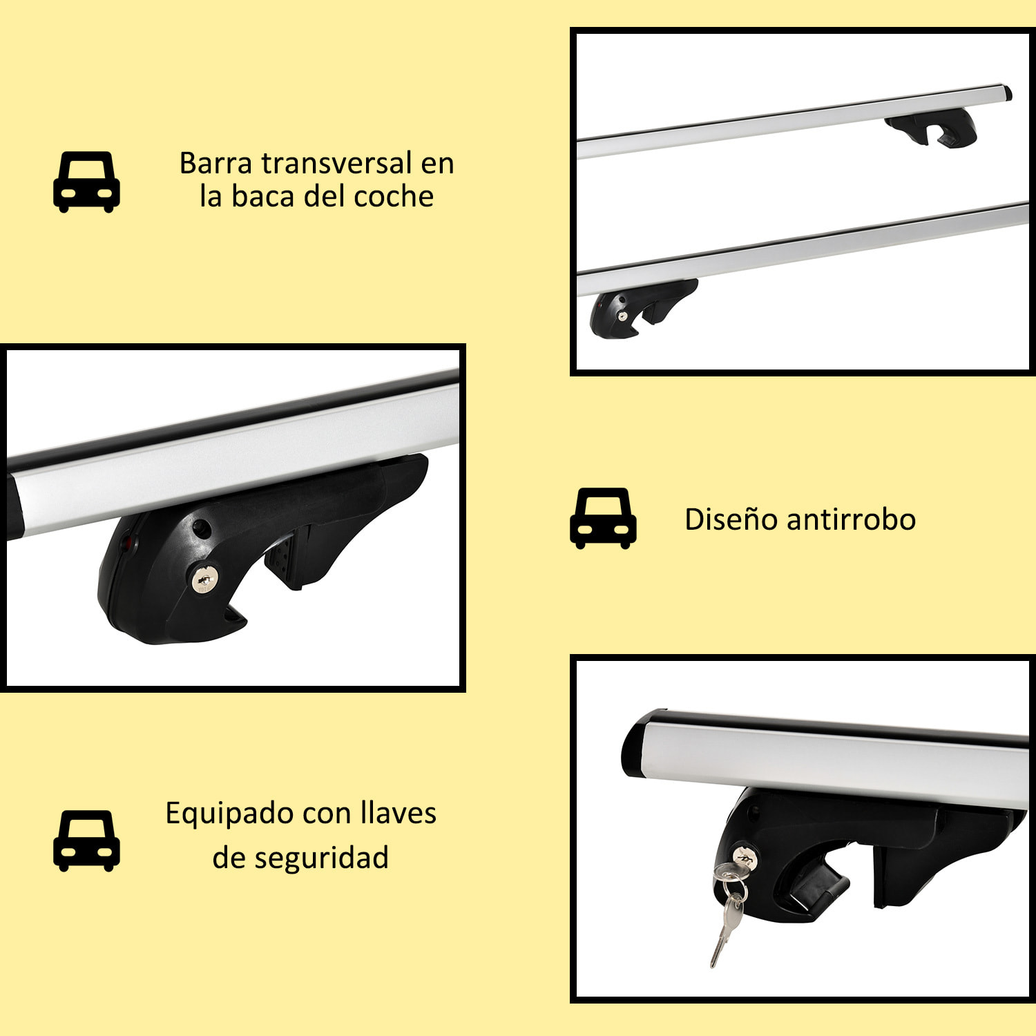 Barras de Techo Universales para Vehículos Bacas Portaequipajes Coche Automóvil con 123,5 cm Rieles de Aluminio y Cerradura Carga 75 kg Plata