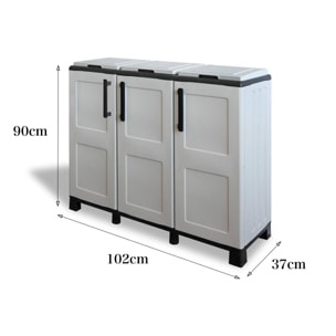 Armadio portarifiuti da esterno o interno, Mobile porta 3 sacchi a 3 ante, 100% Made in Italy, cm 102x37h90, colore Grigio chiaro