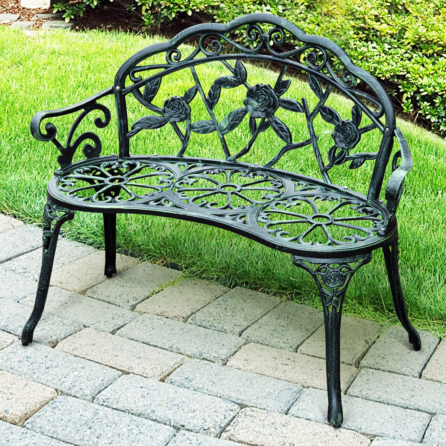 Banc de jardin 2 places style néo-rétro motif rose lignes fuselées 100L x 54l x 78H cm fonte d'aluminium vert vieilli