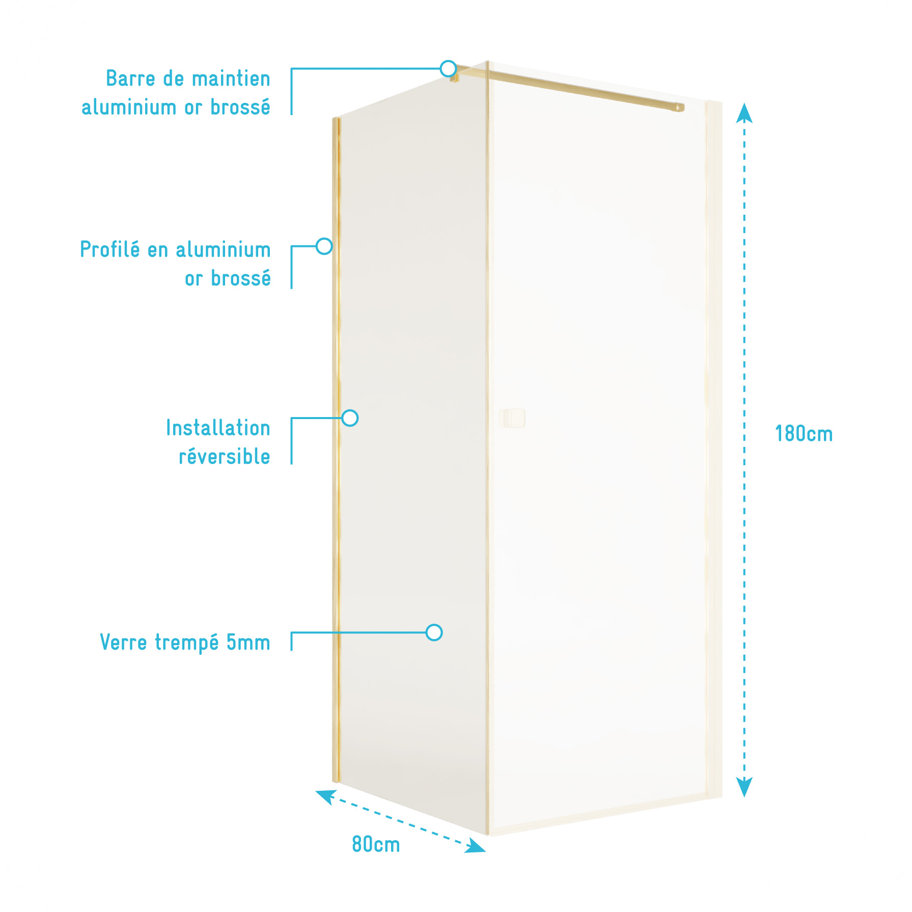 Retour pour Porte de Douche 80x180 cm Verre Trempe 5mm - Finition Or Brosse - GOLD ELEMENTARY